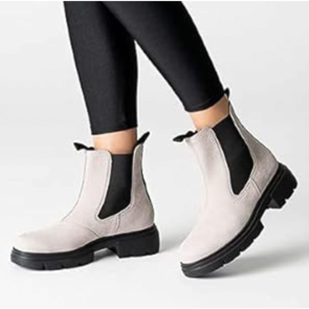 Paul Green Chelsea Moto Boots White Grey Suede Size 7